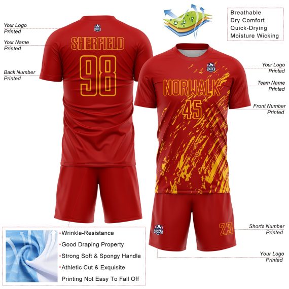 Custom Red Gold Splash Sublimation Soccer Uniform Jersey
