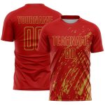 Custom Red Old Gold Splash Sublimation Soccer Uniform Jersey