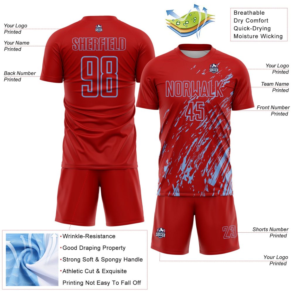 Custom Red Light Blue Splash Sublimation Soccer Uniform Jersey