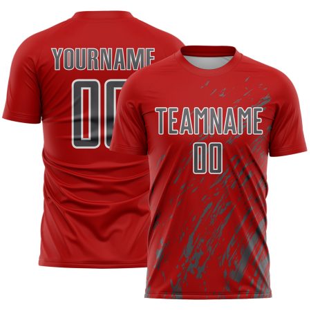 Custom Red Steel Gray-White Splash Sublimation Soccer Uniform Jersey