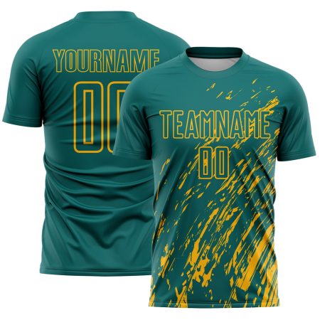 Custom Teal Gold Splash Sublimation Soccer Uniform Jersey