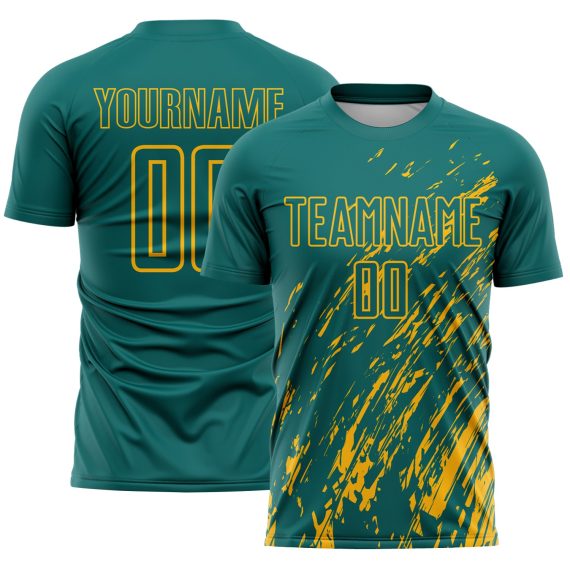 Custom Teal Gold Splash Sublimation Soccer Uniform Jersey